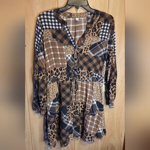 Cato Plaid Animal Print Boho Babydoll Top/Dress Womens Size Medium